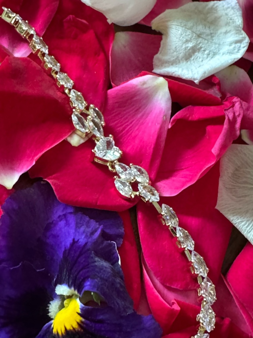 Gold Crystal Tennis Bracelet with Heart Center Stone With Crystal Extender - Picture 5 of 8